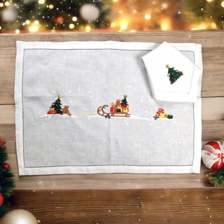 Christmas placemat & Napkin set-Sleigh embroidery